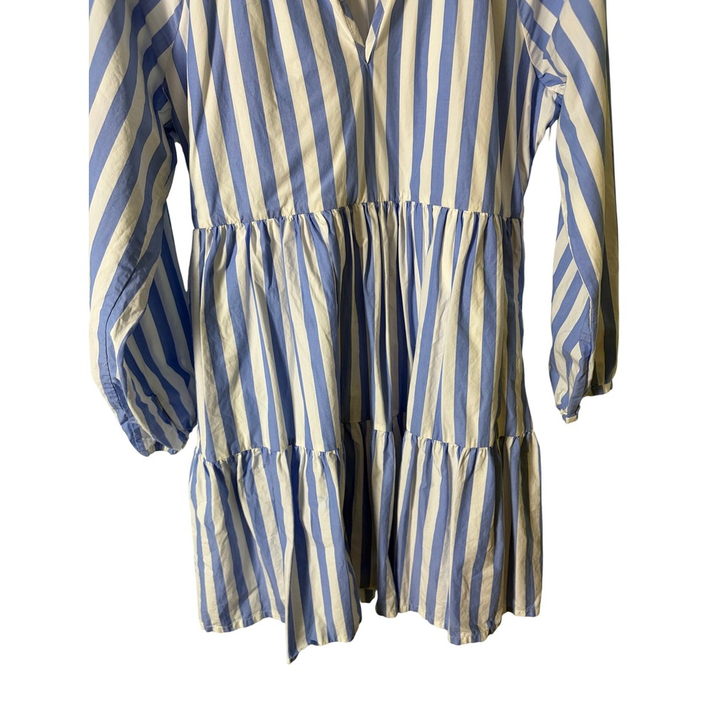 J Crew Womens Tiered Popover Dress Blue White Cotton Mini M Coastal Resort - Picture 2 of 7